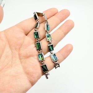 Abalone Shell Link Bracelet in Silver Tone Iridescent Ocean Green Square Inlay